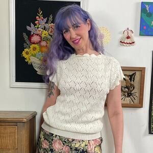 Vintage White Short Sleeve Sweater, 1980s Open Knit Top by Keneth too! Sz S-L